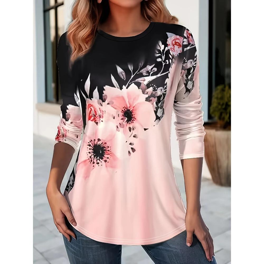 Spring and Autumn Round Neck Floral 3D Printed Top Fashionable Casual Long Sleeved Women's T-shirts