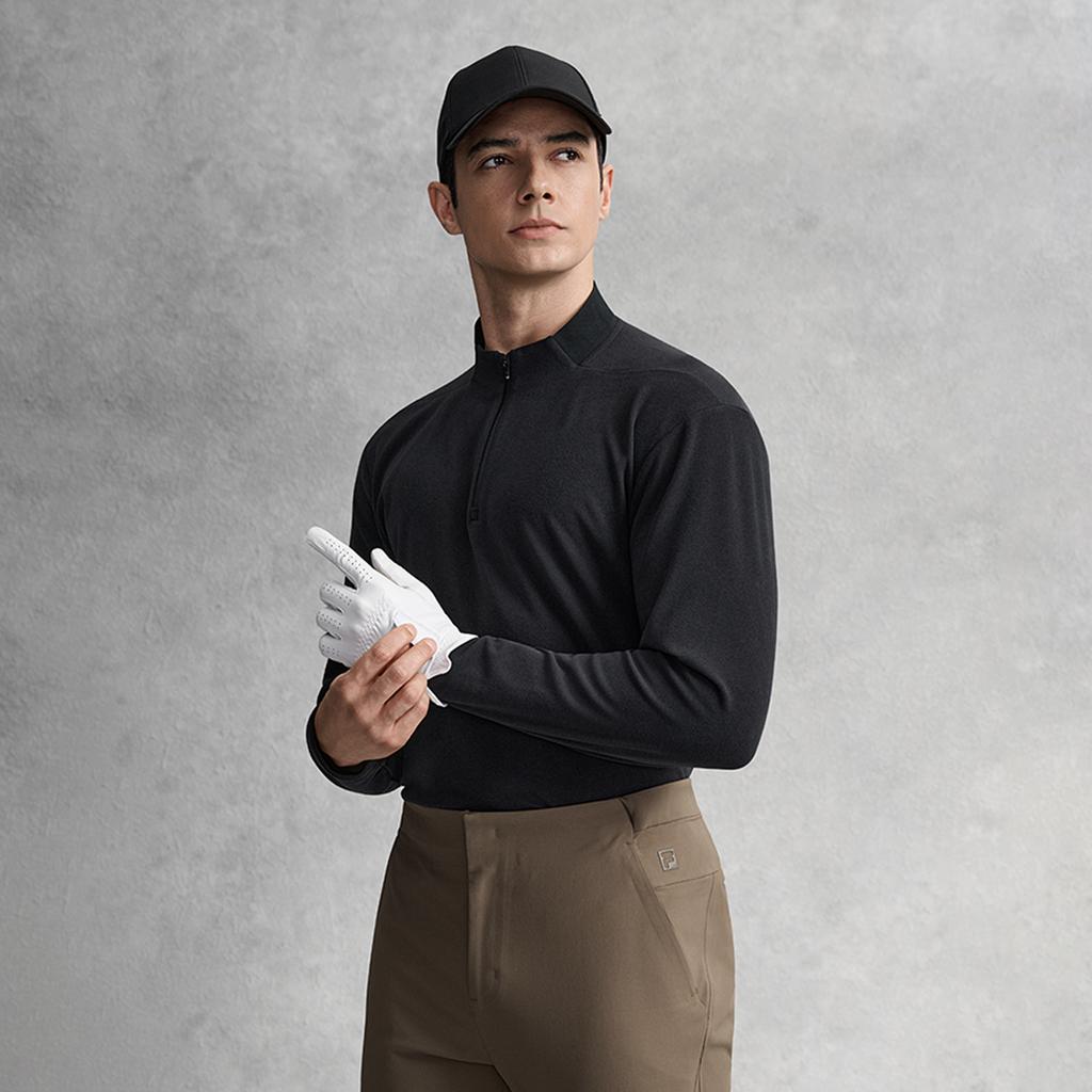 FILA Fleece Lined Warm Fashionable Simple Quality Sports Casual Golf Versatile Soft Comfortable Long Sleeve T-Shirt Men tops Deep-Black A11M615218FBK