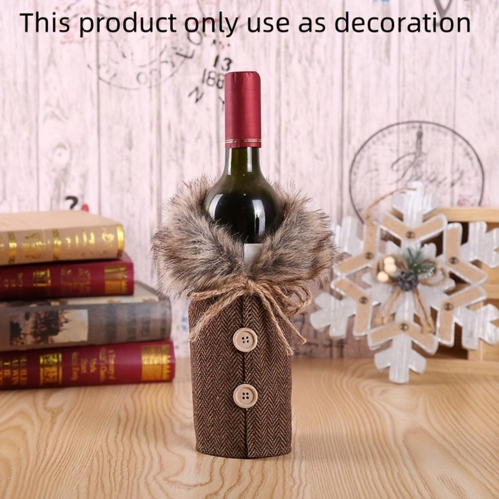 1Pc Christmas Wine Bottle Cover With Plush Collar,Polyester Wine‑Bottle Sleeve for Holiday Party,Home Decoration