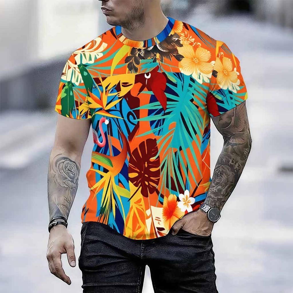 Women Short Sleeve Crew Neck T Shirt White Pink Blue Yellow Tropical Palm Leaf Print Top