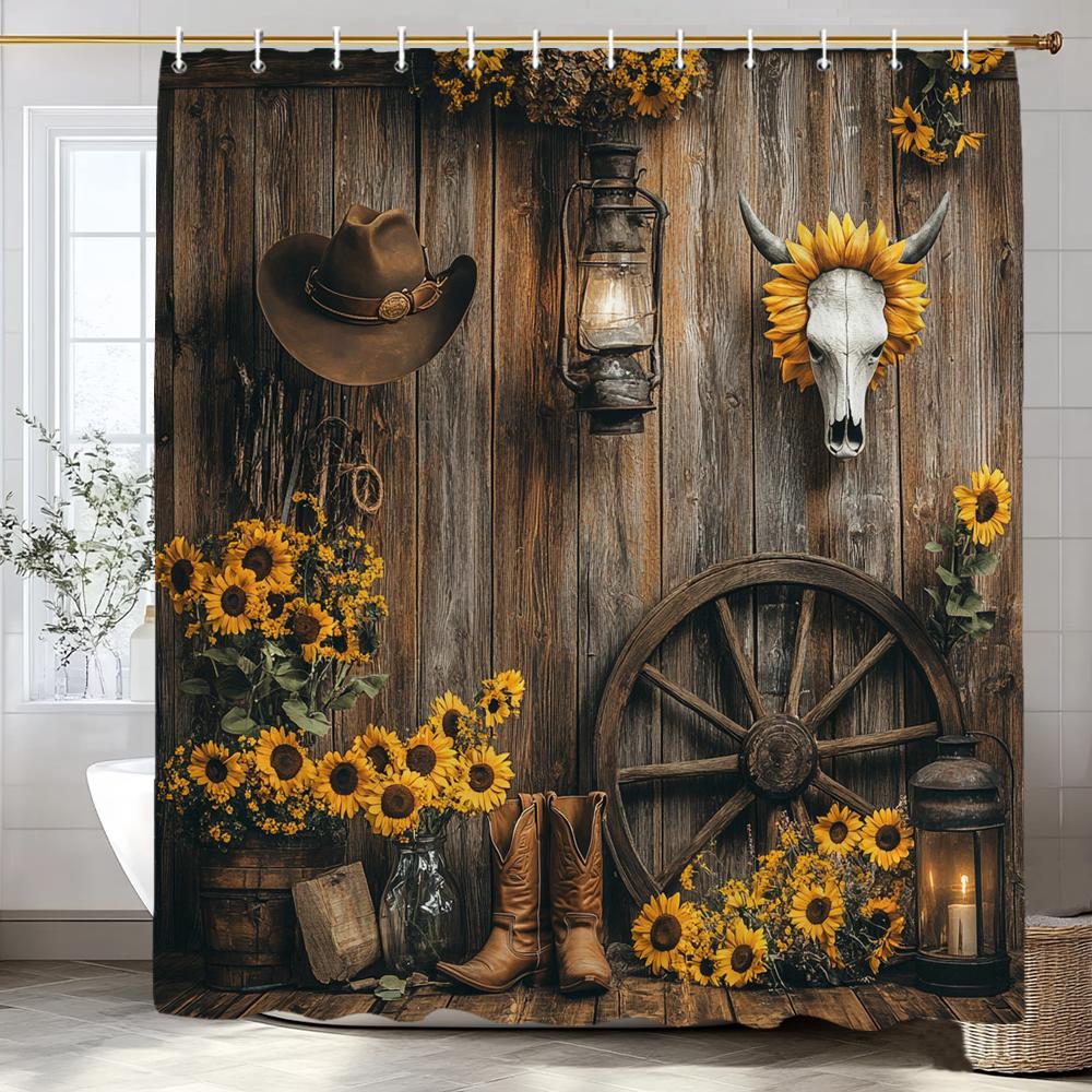 Rustic Farmhouse Garden Cowboy Theme Shower Curtain, Bathroom Decor Shower Curtain, Plants And Flowers Shower Curtain With Hooks