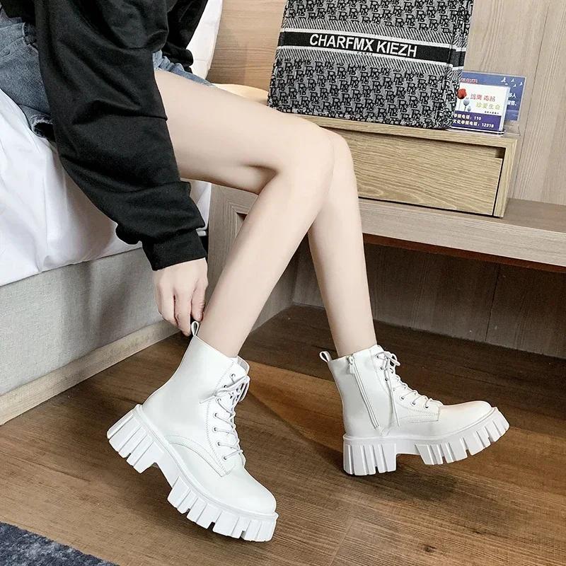 Platform Ankle Boots Women Autumn Winter PU Leather Combat Booties Punk Thick Bottom Motorcycle Boots Side Zip Work Botas Mujer