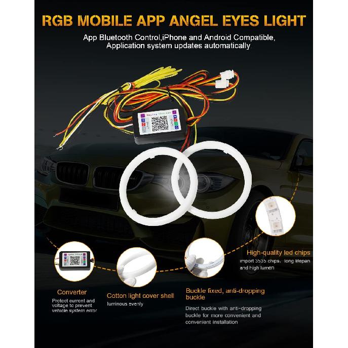 Qasim Angel Eyes Halo Rings Cotton Lights 12V 70MM RGB LED Universal for Car Scooter Motorcycle DRL Fog Light Turn Signal Light APP Bluetooth Control