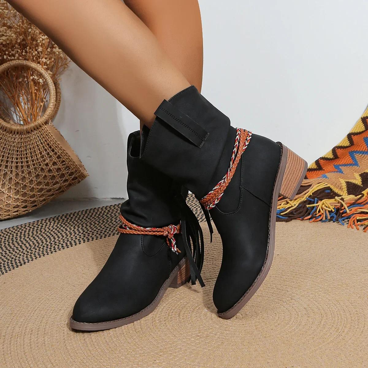 

fashion Pirate Boots Woman Pleated Tassel Mid-calf Boots Women Pointed Toe Chunky Heel Short Boots Female Slip-on Boots Plus Size 43 37 чорний