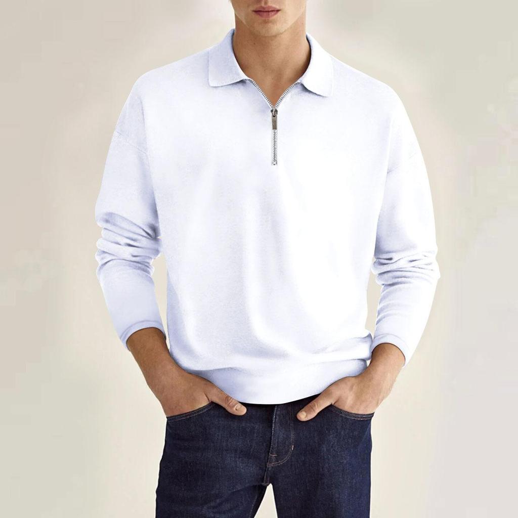 Fashion Men's Casual Polo Top Shirt Zip Solid Colour Men's Long Sleeve Sports Polo Shirt