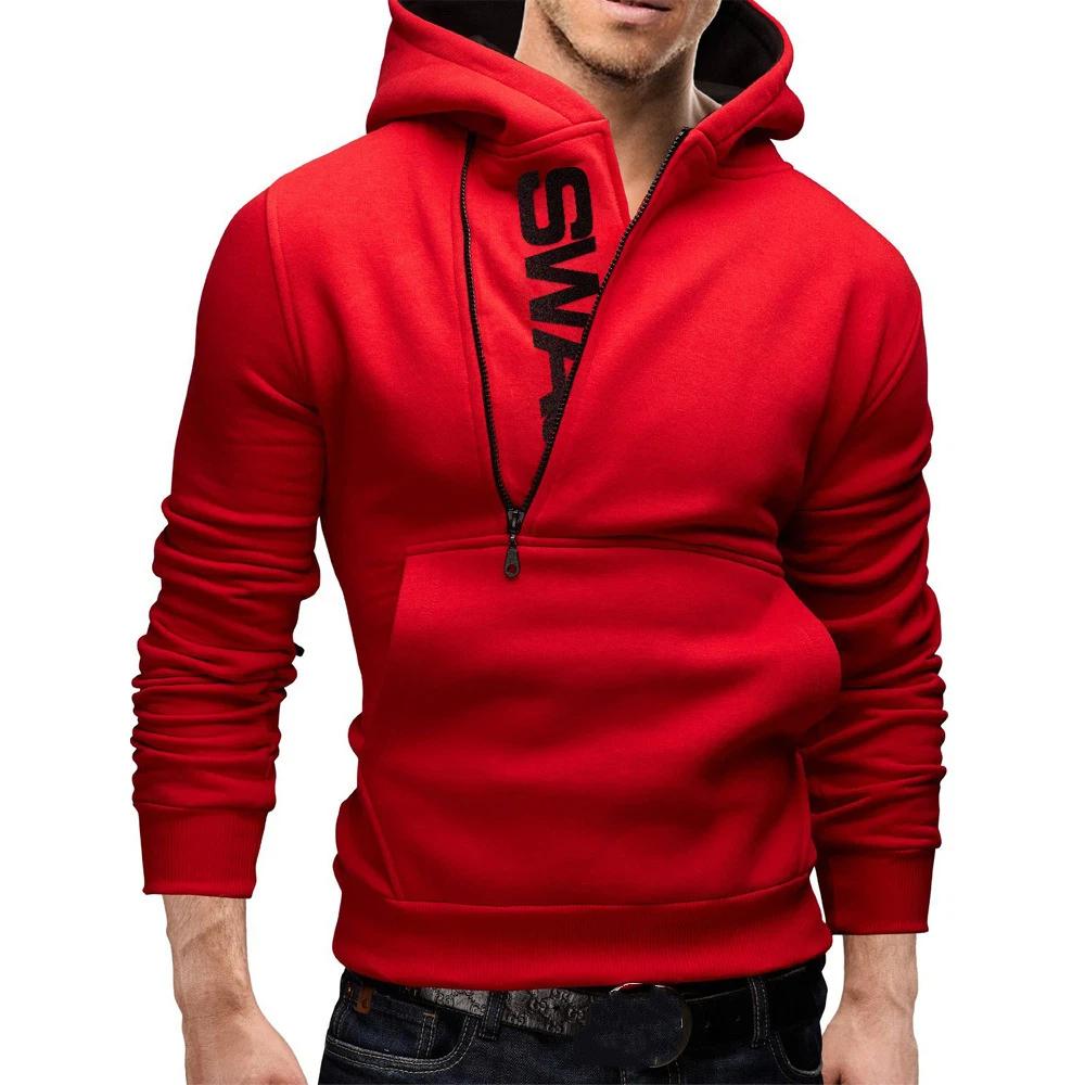 Autumn Winter Men s Half Zip Hoodie Casual Letter Print Kangaroo Pocket Sweatshirt M красный