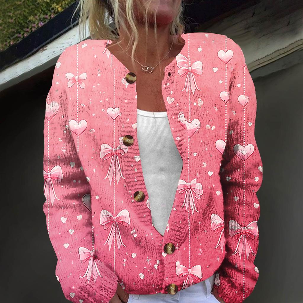 Women's Fashion Printed Long Sleeve Knitted Cardigan Button Down Jacket