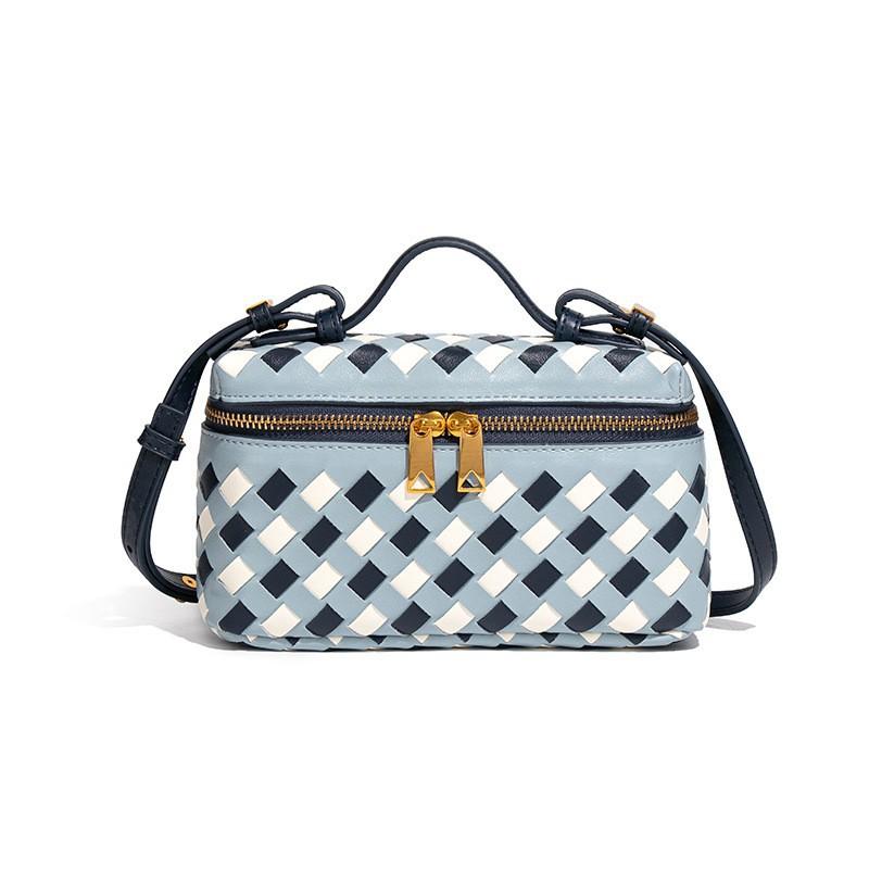 

Women s Portable Woven Bag High-end Fashion Blue White Checked Hand-carried Lunch Box Single-shoulder Cross-body