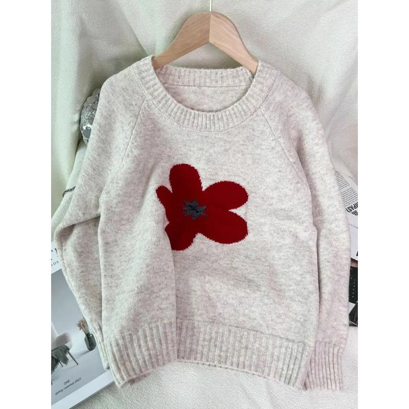 Streamgirl Winter Gray Sweater Flower Women Loose Knit Pullovers Purple Knitwear Vintage Warm Flower