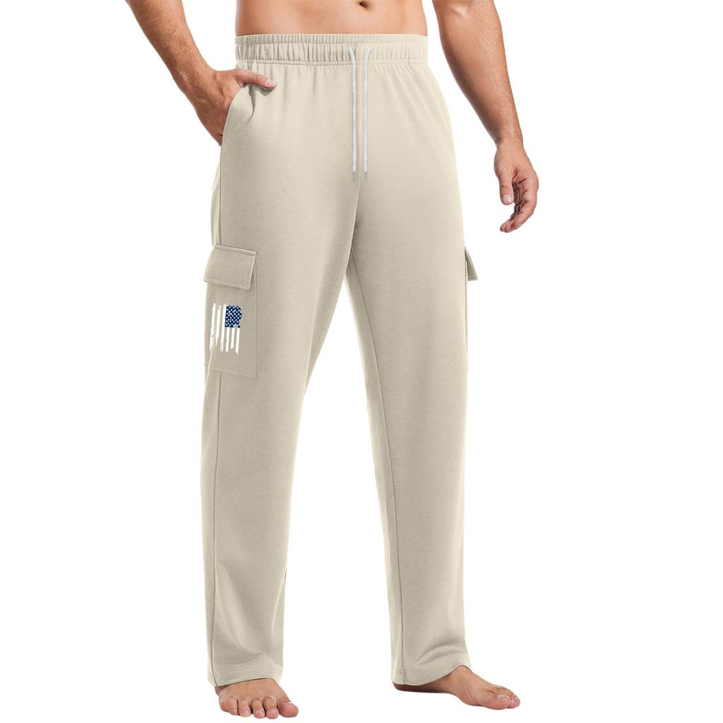 Men's Loose Casual Multi-pocket Work Pants, Youth Stretch Waist Drawstring Pants