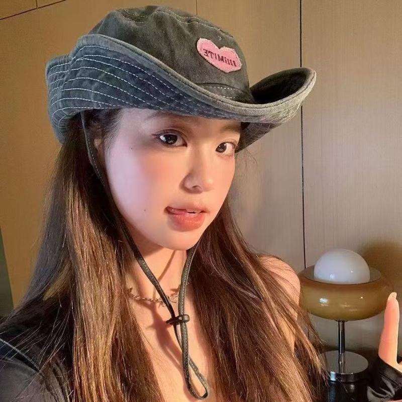 Retro Washed Love Cowboy Bucket Hats Women Spring Summer Outdoor Frenulum Sun Protection Sweet Pink Sun Hat Fisherman Caps