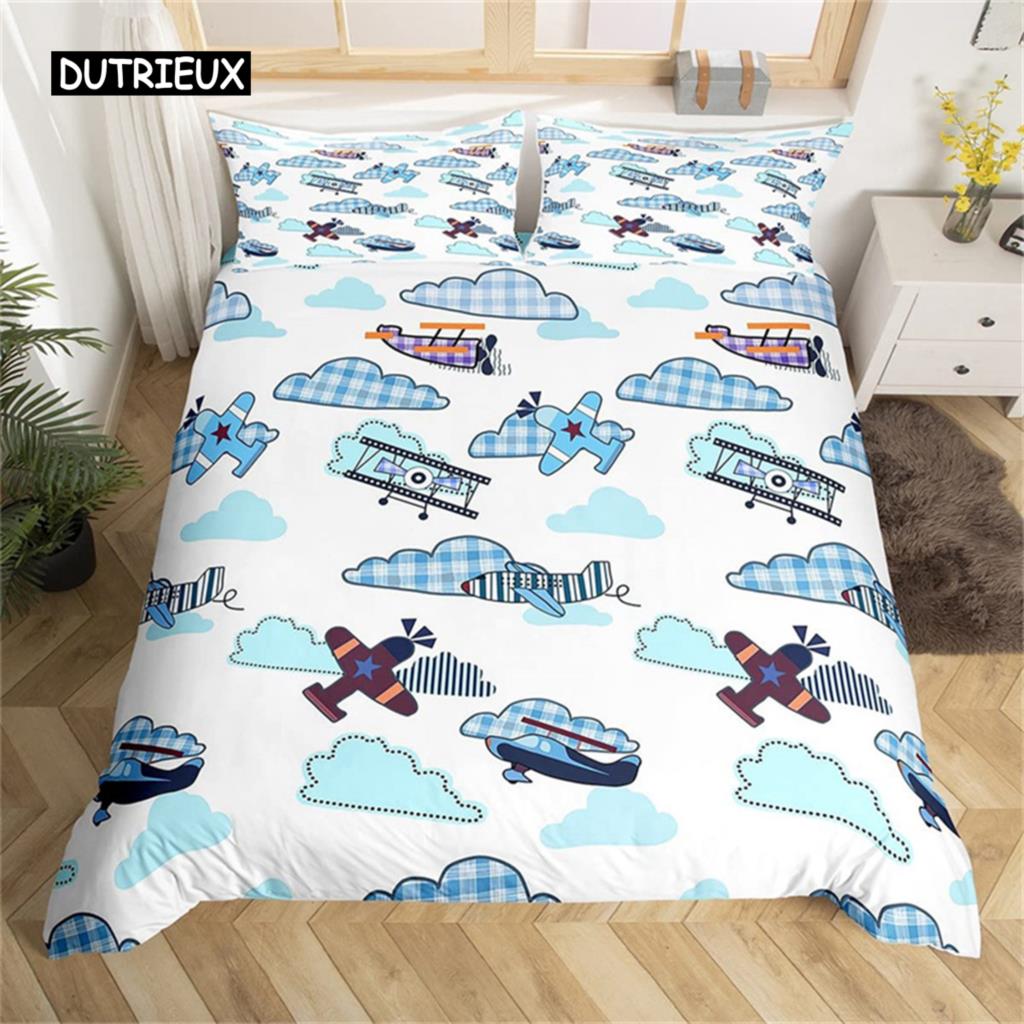 Cartoon Flugzeug Bettbezug Flugzeug Bettwäsche Set Mikrofaser Niedlich Wolke Bettdeckenbezug Einzelkönig für Kinder Jungen Mädchen Geschenk Zimmer