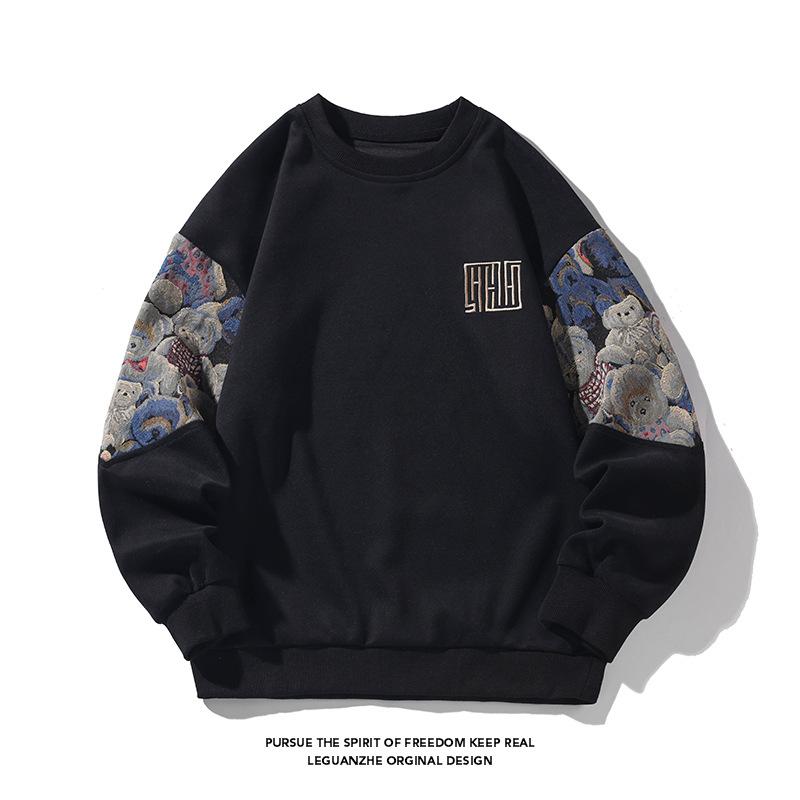 Men'S Bear Sweater Men'S Spring And Autumn Splicing Contrasting Color Embroidery Couple Crew Neck Sweater Men'S Top