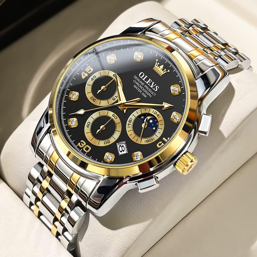 OLEVS Men's Chronograph Watch Black Stainless Steel Band 30M Water-Resistant Quartz Large Dial Calendar Luminous