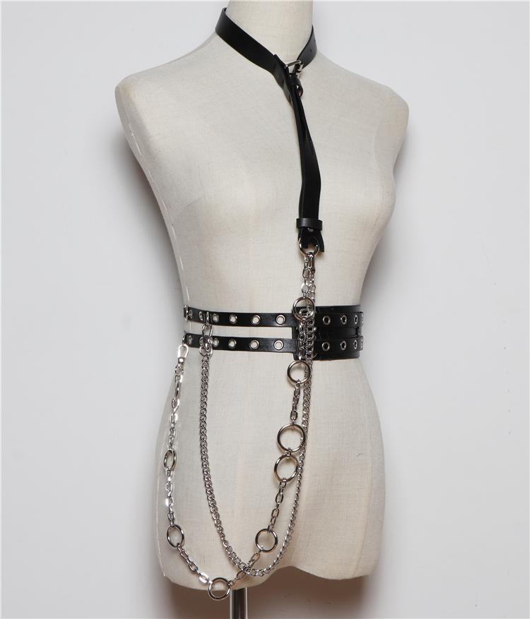 Hip Hop Detachable Metal Chain Leather Shoulder Strap Wide Belt Women Techwear Style Rivet Goth Punk Leather Belt Corset
