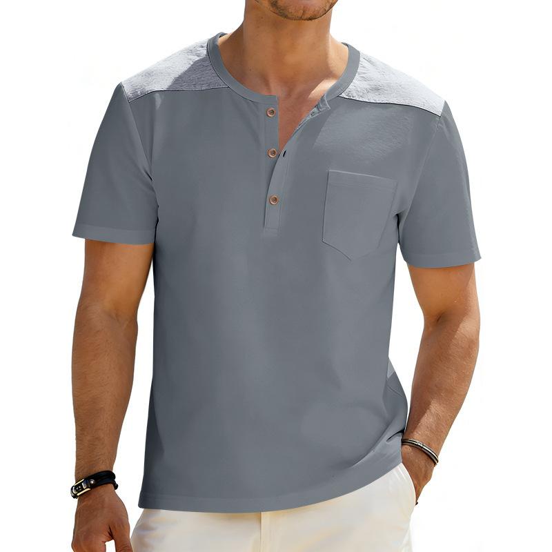 Men Contrast Shoulder Henley Neck Short Sleeve Pocket Casual Tee