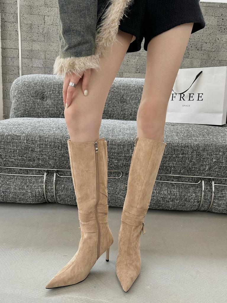 Pointed thin heel thin boots stacking boots 2025 belt buckle Korean version wrinkled high heel boots thin boots women