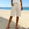 Women's Fashionable Color Elastic Waist Pocket Casual Loose Cotton And Linen  Five Quarter Shorts