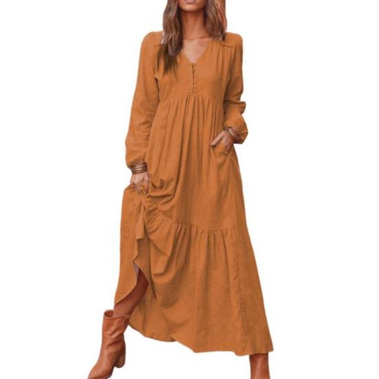 Women Long Sleeve Bohemian Cotton Linen Swing Dress Oversized V Neck Flowy Tiered Ruffle Pleated Long Dress