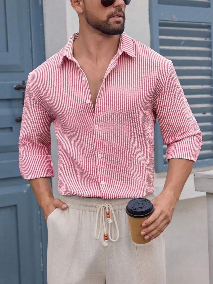 

Autumn and Winter Men s Shirts Breathable Cotton Long-sleeved Plaid Shirt Casual Slim Top Shirt S розовый