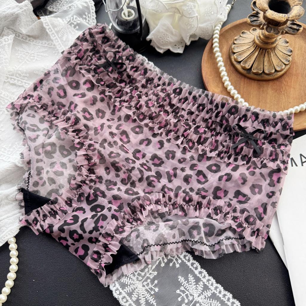 Ladies Summer Sexy Leopard Print Mesh Cake Layer Mid Waist Triangle Briefs