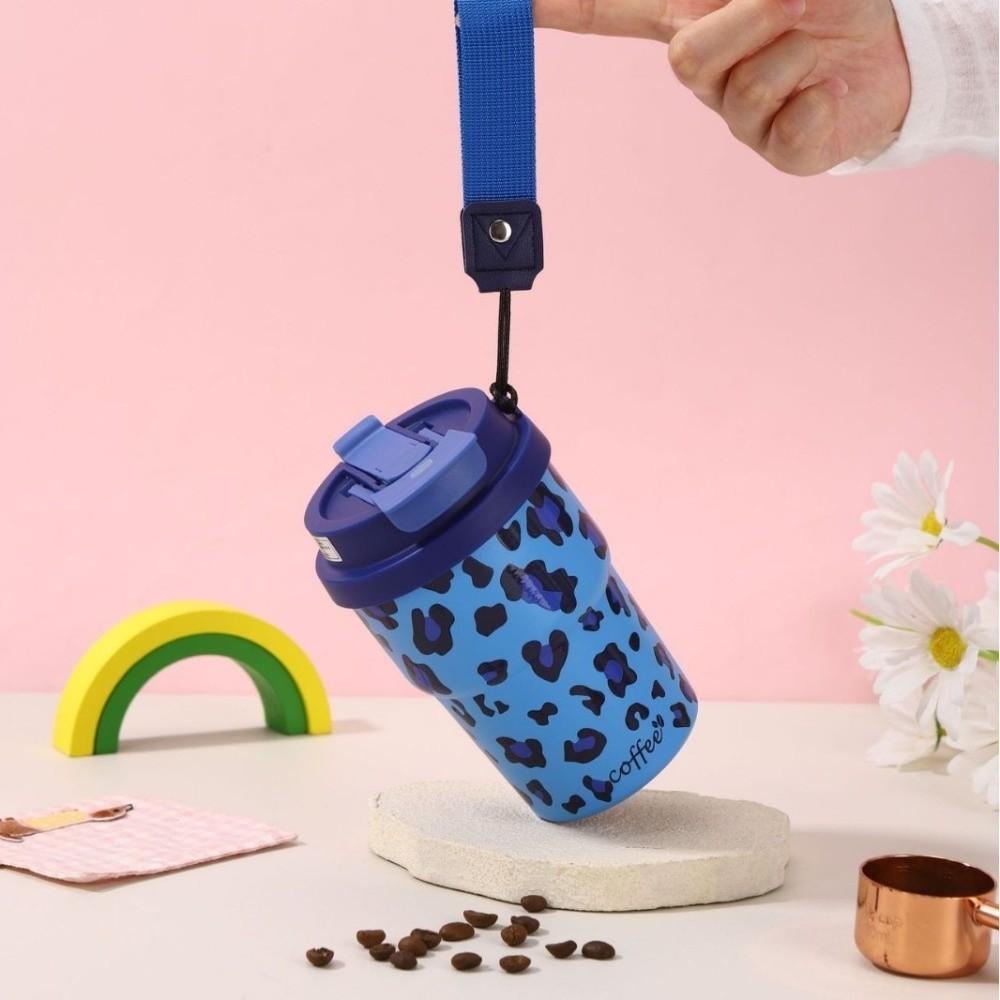 Leopard Print Thermal Water Bottle 450ml Drinking Straw Cup Vacuum Flask Sports Activities