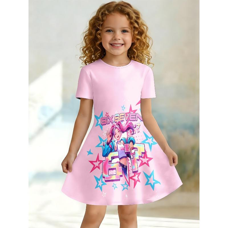 Sweet Cartoon A-line Dress for Girls, Short Sleeved Casual Summer A-line Dress Suitable for Birthday Parties and Gift Giving