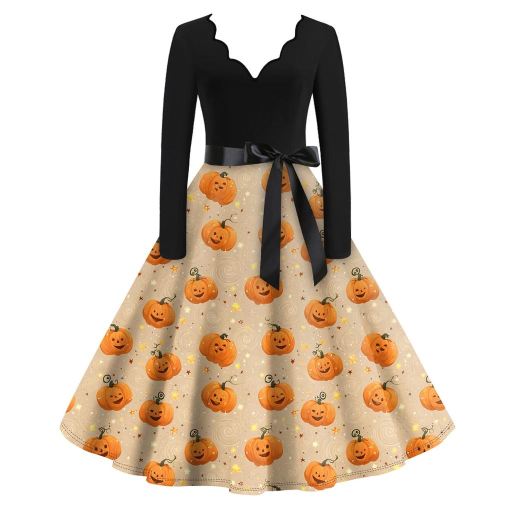 Women's Casual Fashion Long Sleeve Halloween Graphic Printed Vintage Long Dresses