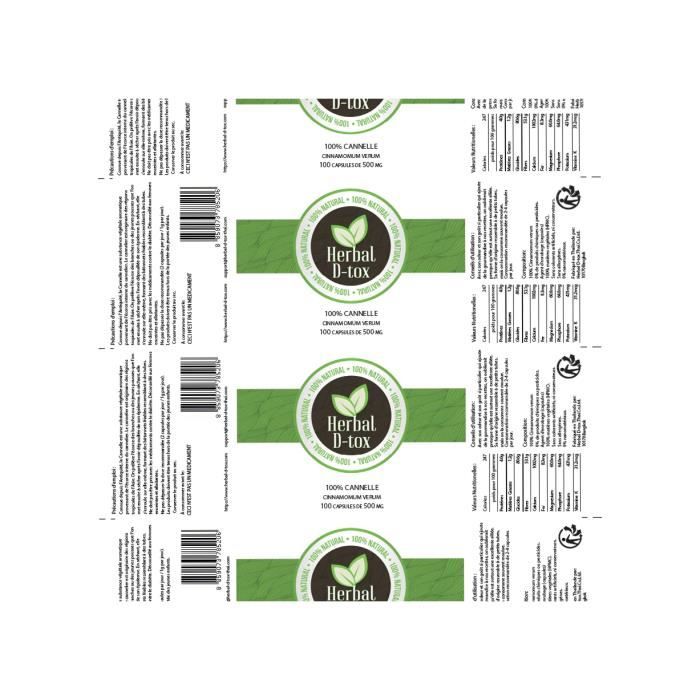Complément Alimentaire Herbal D-tox Cannelle ~ Cinnamomum verum - 100 gélules x 500 mg – Anti-inflammatoire, Antioxydant
