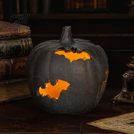 Halloween Pumpkin Decor Resin Figurine, Bat Hollow Out Lantern with Durable Collectibles Warm Light, Spooky Indoor Outdoor Home Table Fireplace Unique