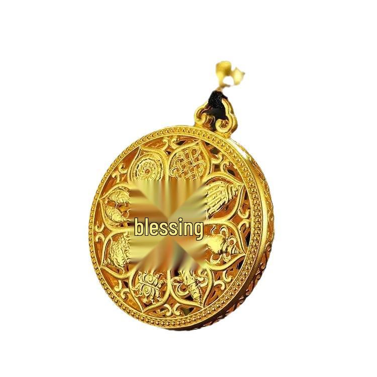 Auspicious Cloud Knot Eight Treasures Compass Gold Pendant Necklace with Fu Character, Retro Hollow Design.