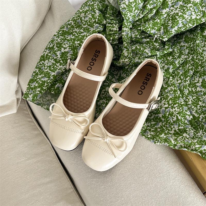 Round Head Bow Flat Sole Shoes Women's Summer New Versatile Small Leather Shoes Shallow Mouth Mary Jane Skirt