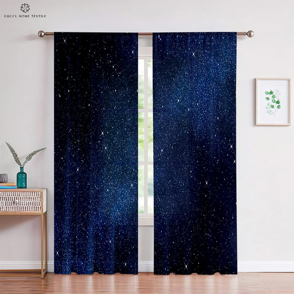 Vorhang mit Sternenhimmel-Landschaftsdruck, Stangentasche, Dekorativ, Schlafzimmer, Wohnzimmer, Arbeitszimmer, Maßanfertigung, 2 Stück