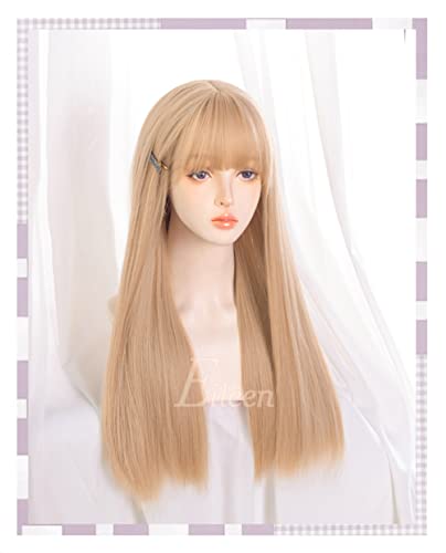 Eileen Women's Semi-Long Beige Wig, Straight, Natural, Harajuku Style, Popular, Slimming Effect, Cute, with Net