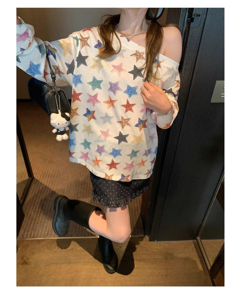 Chic Women's One-Shoulder Star Print Long Sleeve Tee for Fall 2025 - Lightweight Sun Protection Cover-Up