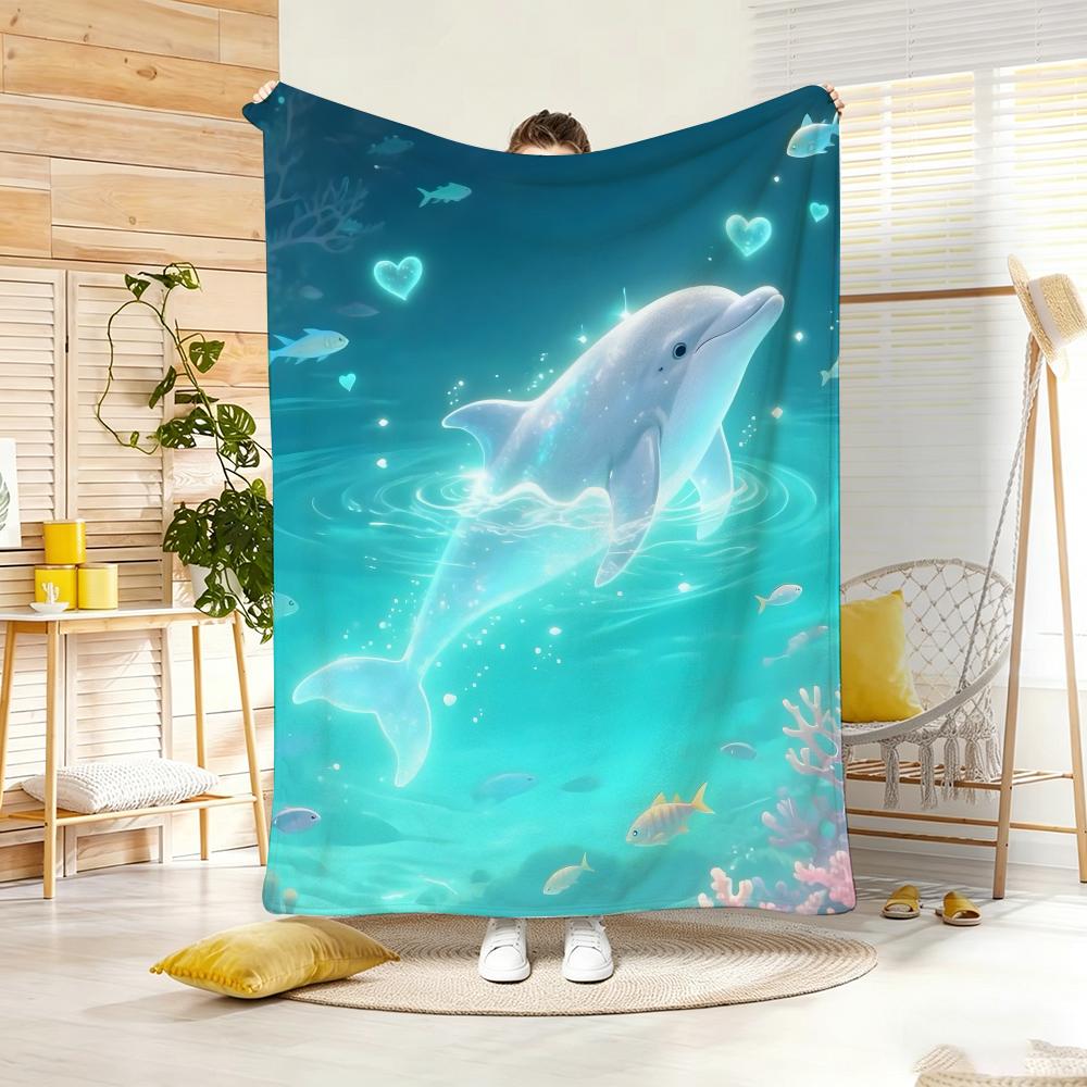 Fantasy Color Cute Dolphin Throw Lightweight 240g Flannel Blanket Soft Skin-friendly for Summer Cooling
