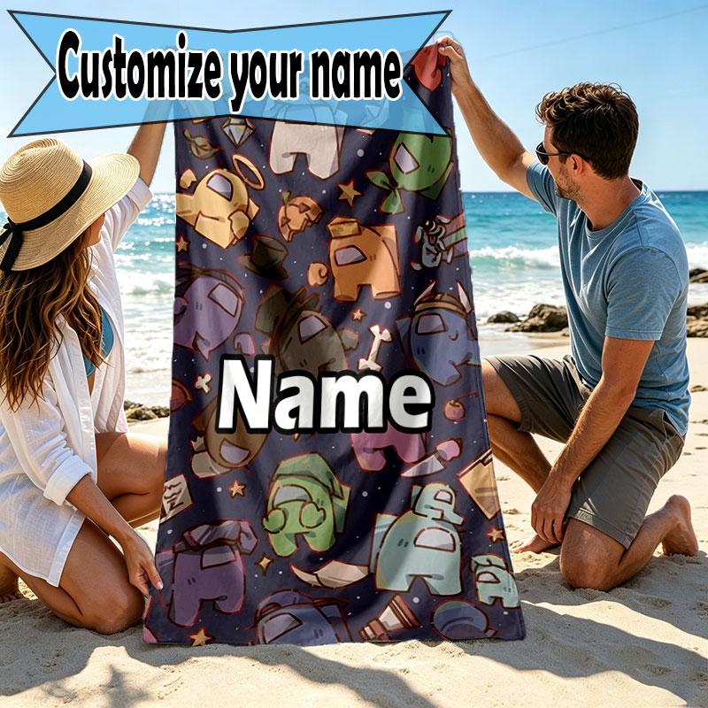 Custom Name Personalized Among Us Print Beach Towel, for Trip Camping Beach Party Home Decor, Birthday Gift for Family & Friends
