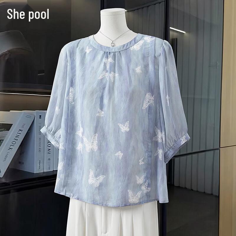 Shechi Women s Round Neck Butterfly Print Half Sleeve Loose Blouse L