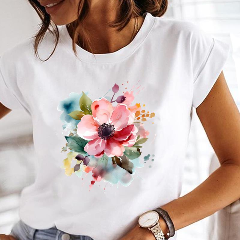 (Asian Size) lovely flower style Printed Tee Women Lady Female Top summer Clothing Casual T Shirt Fashion Graphic Short Sleeve T-shirts