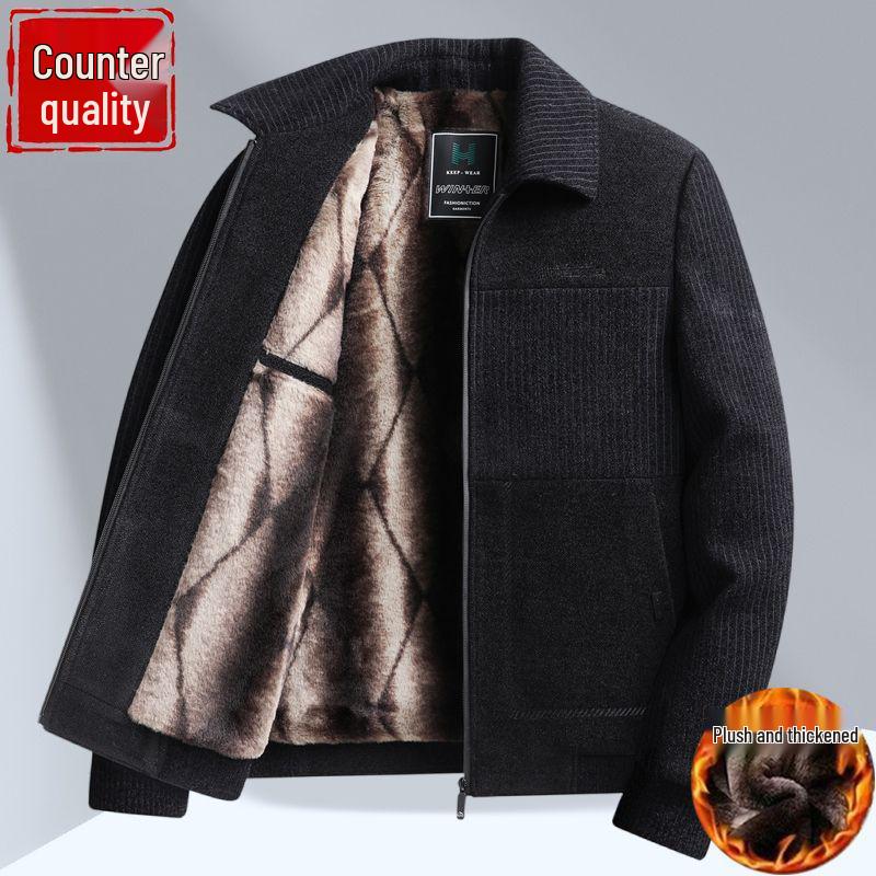 Men's Chenille Lapel Woolen Coat - Velvet Lined Winter Jacket for Middle-Aged and Elderly Dads