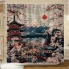 1pc Japanese Retro Shower Curtain - Cherry Blossom & Mountain Design, Red Sun Blue Pink Hues, Polyester ,  Machine Washable