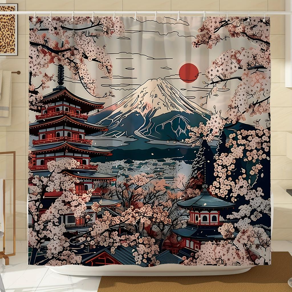 1pc Japanese Retro Shower Curtain - Cherry Blossom & Mountain Design, Red Sun Blue Pink Hues, Polyester , Machine Washable