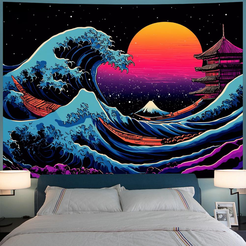Great Wave Tapestry | Flat Printed Japanese Kanagawa Ocean Wall Art With Sunset & Starry Sky For Living Room & Bedroom Decor