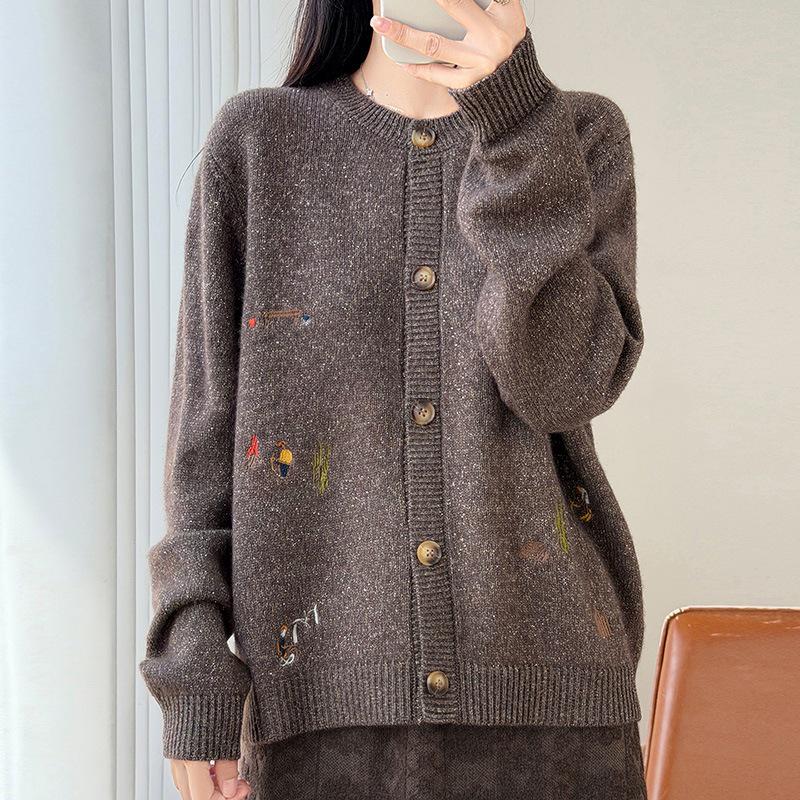 2026 Autumn/Winter Pure Wool Knit Cardigan with Lurex Cactus Embroidery