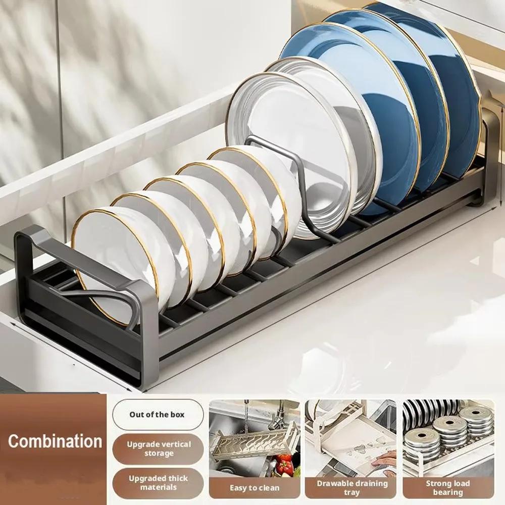 Carbon Steel Pull Out Dish Rack Built-In Space Saving Dish Storage Rack Expandable Practical Kitchen Drawer Rack Household Use