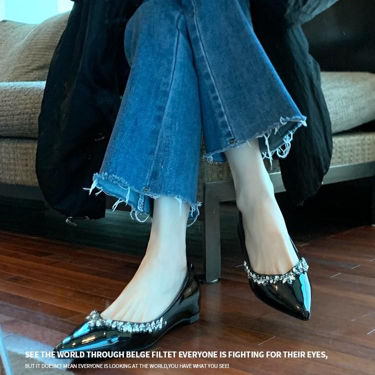 Sheepskin New French Evening Wind Rhinestone Pointed Flat Shoes Women's Shallow Mouth Inner Height Increase Single Shoes Soft Sole Women's Shoes