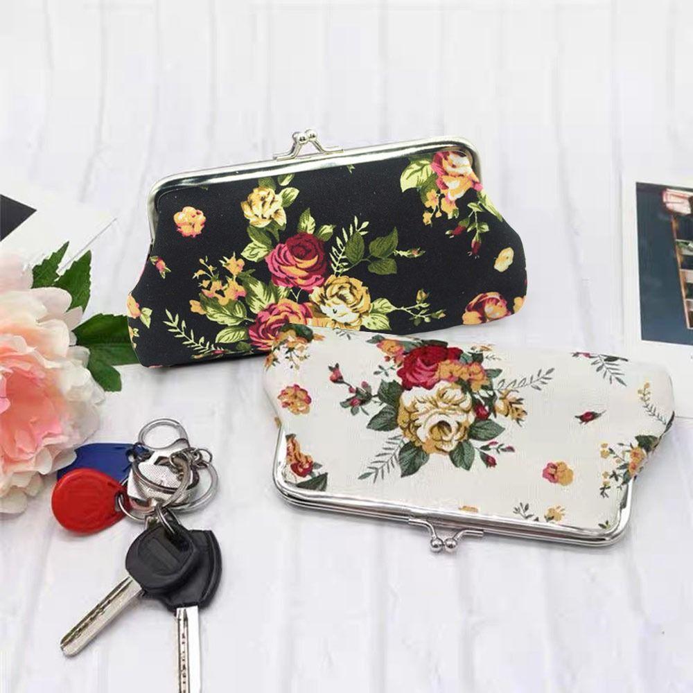 Fashion Canvas Coin Purse Rose Floral Print Long Credit Card Holder Metal Hasp Change Pouch for Women