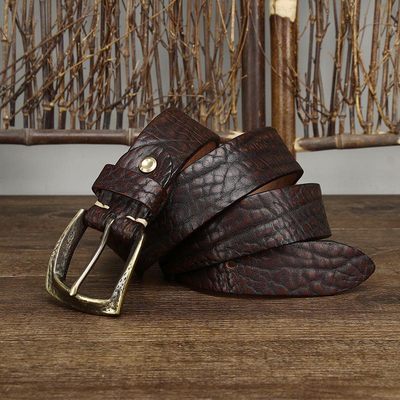 Thickened African Bison Leather Shrink Pattern Retro Rough Pattern Belt Men'S Genuine Leather First Layer Cowhide Tree Pattern Rough Personality Belt
