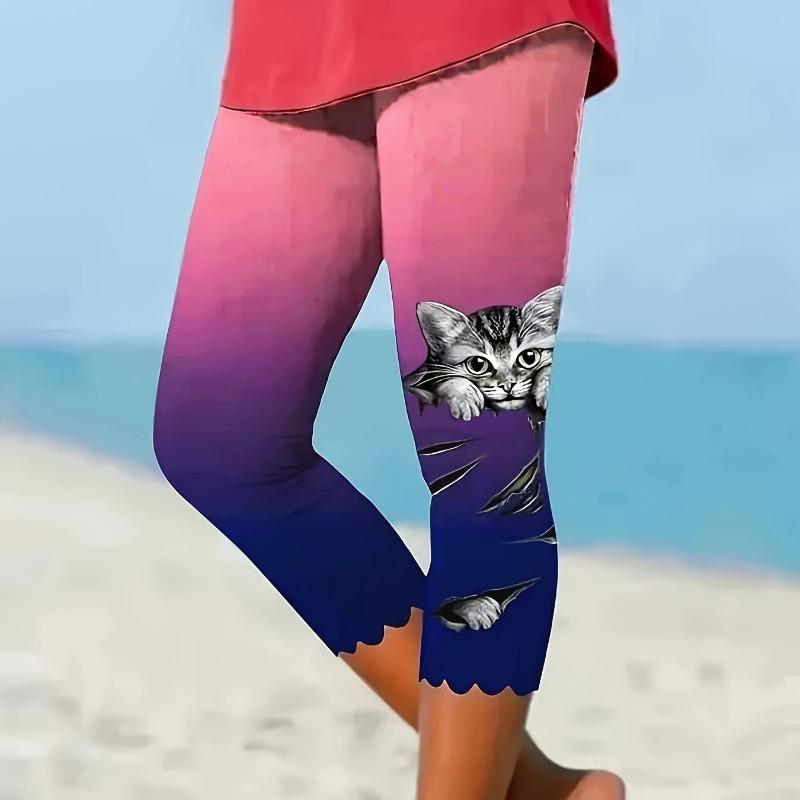 

Повседневные женские леггинсы с принтом кота, капри, модные брюки для бега с высокой талией, элегантные узкие модные женские леггинсы, брюки 24520 L розовый