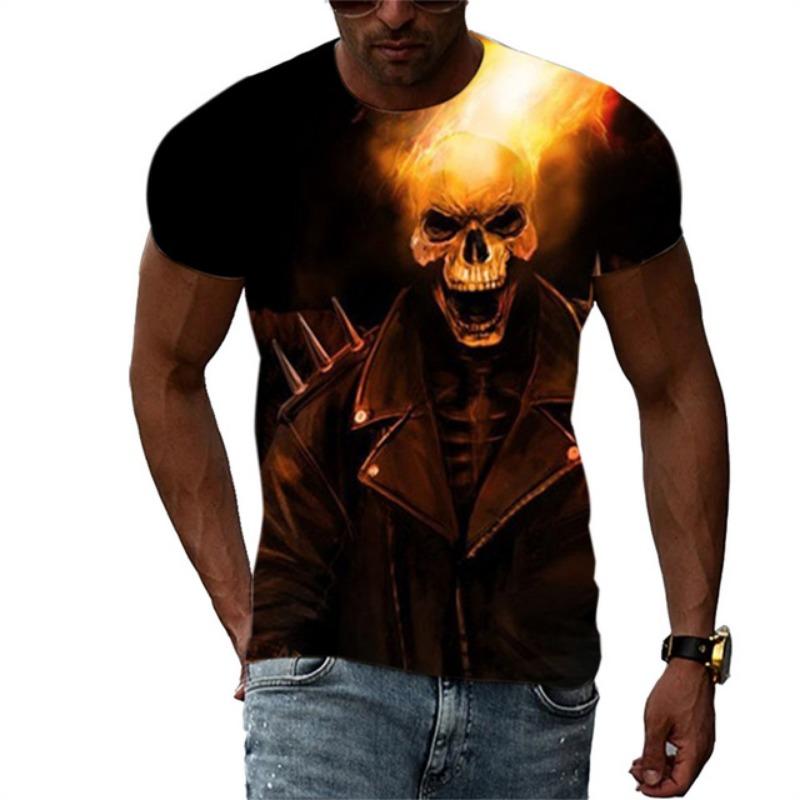 Summer Men's Fashion Trend New T-shirt 3D Flame Skull Digital Print Hip Hop Loose Street Clothing Casual Daily Round Neck Top